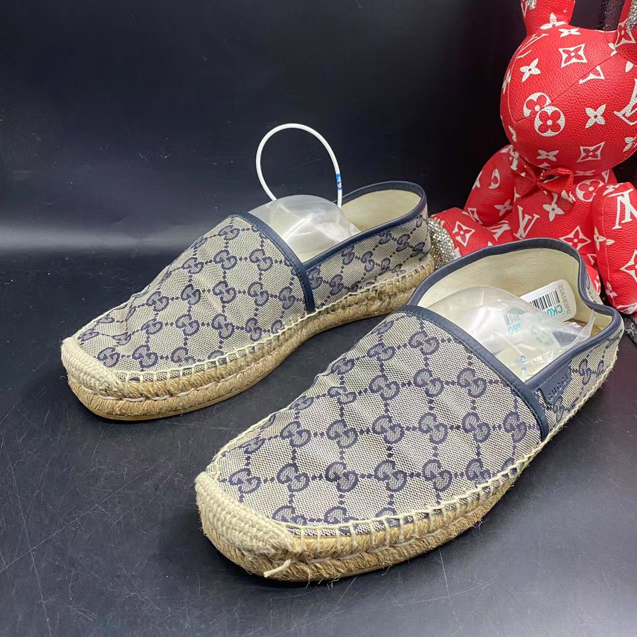 95新 GUCCI/古驰 棕老花烫金一脚蹬渔夫鞋42欧码ddm2159