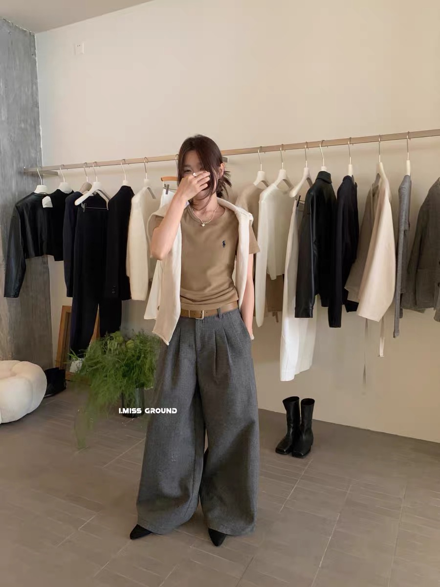 灰灰呀！3515 韩代工作室 设计感高腰显瘦百搭宽松毛呢阔腿休闲裤
