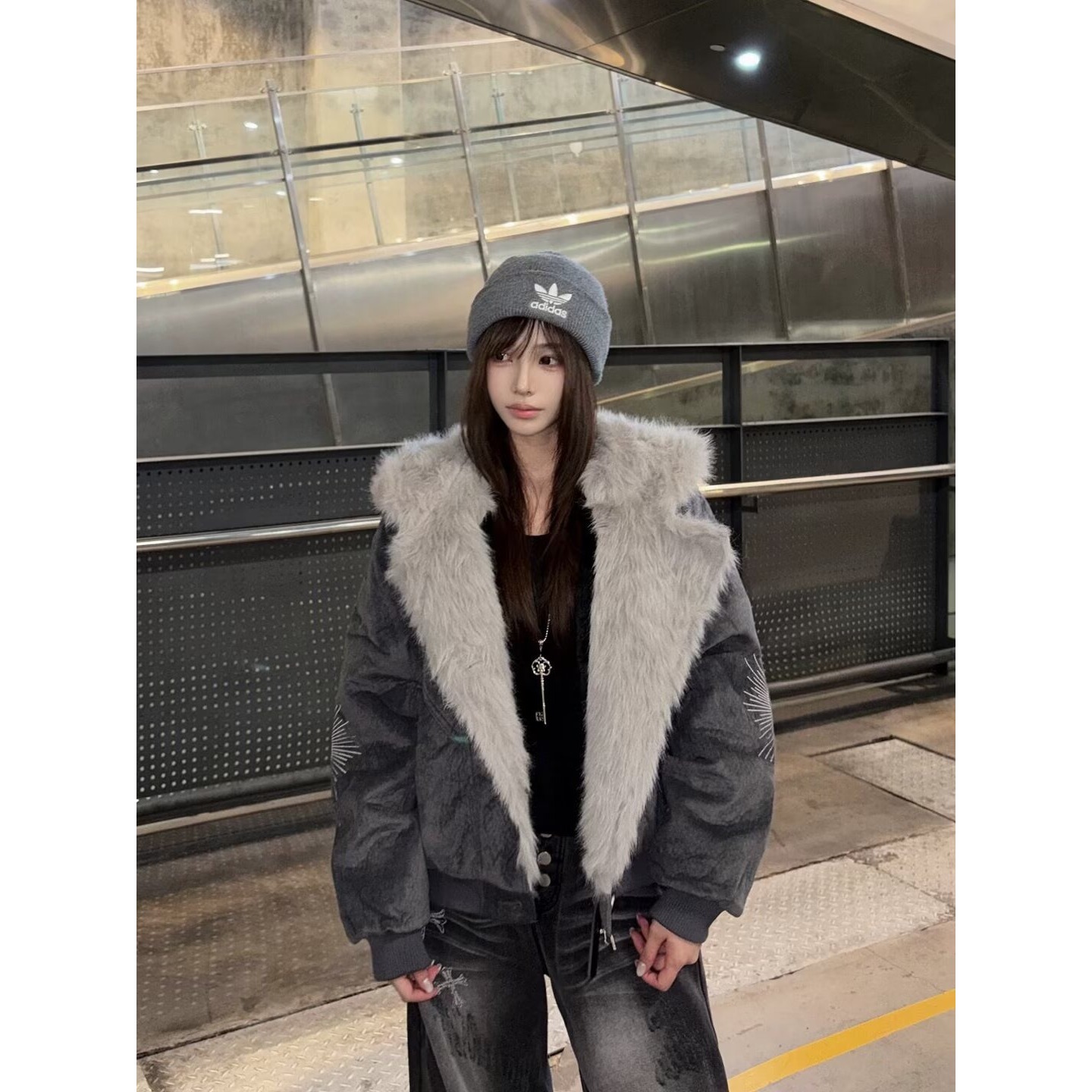 美式高街座山雕棉服男女冬季加厚连帽毛领外套高级感痞帅夹克棉衣