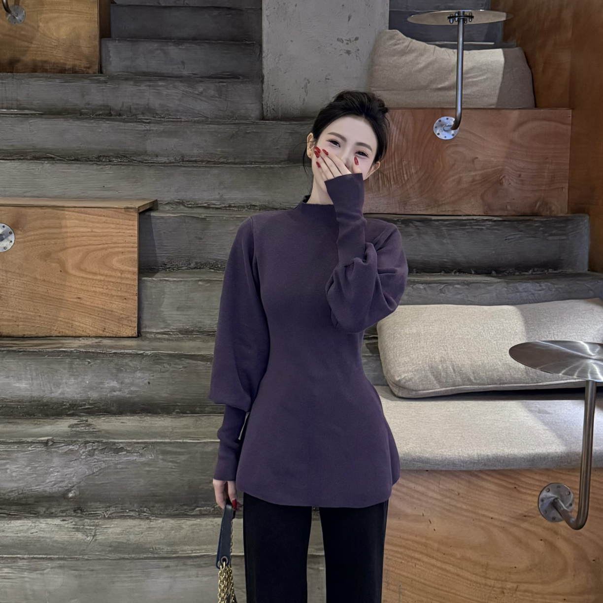 XIAOWAN 加厚羊毛针织衫女2025设计感蝙蝠袖收腰显瘦半高领上衣