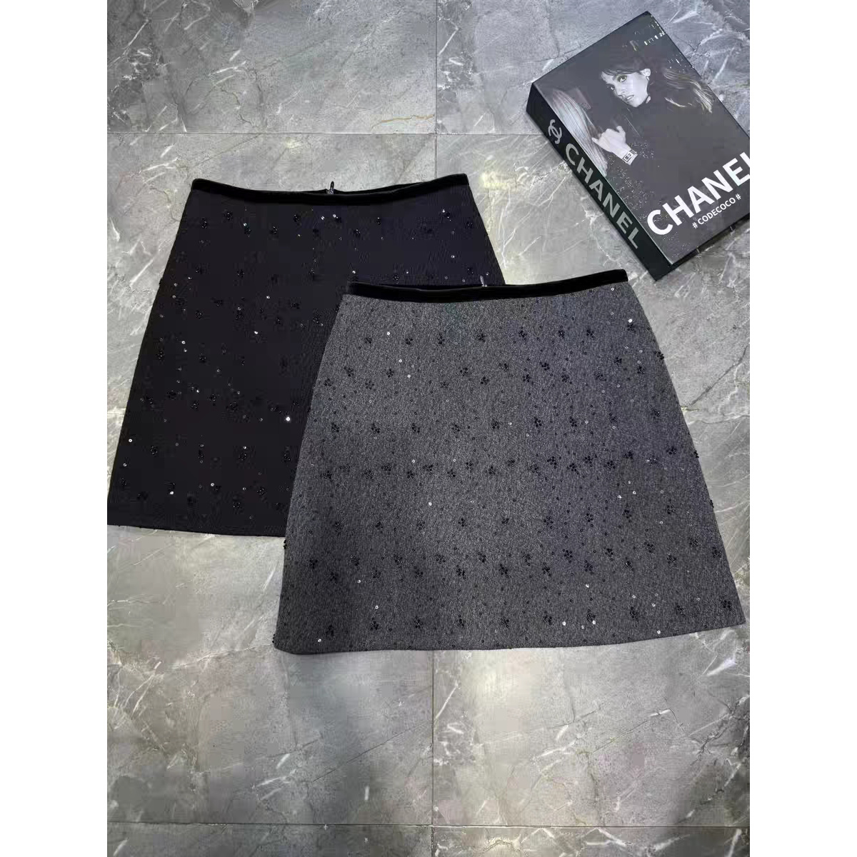 33363#毛呢小香风亮片半身裙女高腰显瘦包臀裙A字裙百搭洋气