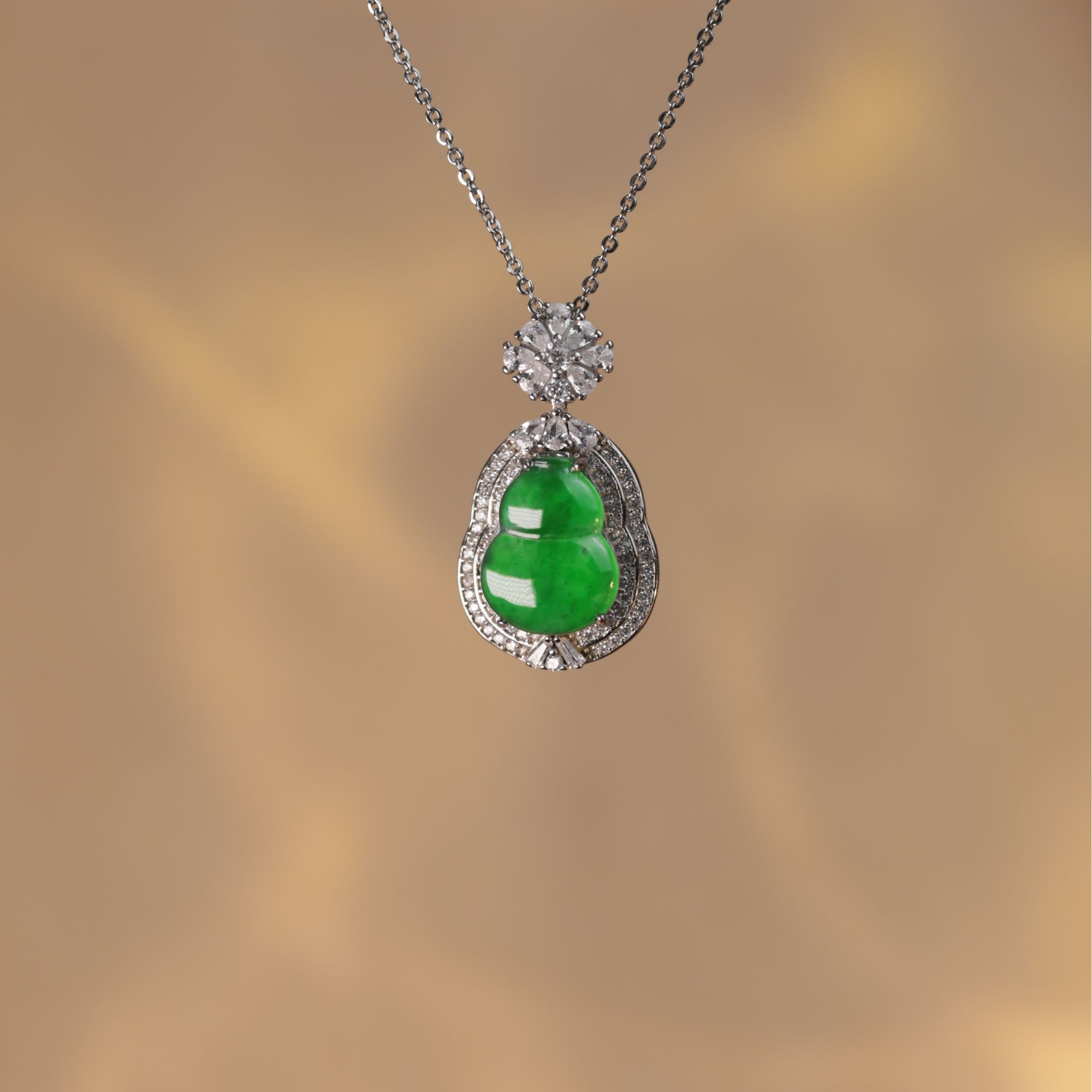 天然A货翡翠高冰种阳绿色颈饰S925银镶嵌葫芦吊坠孤品