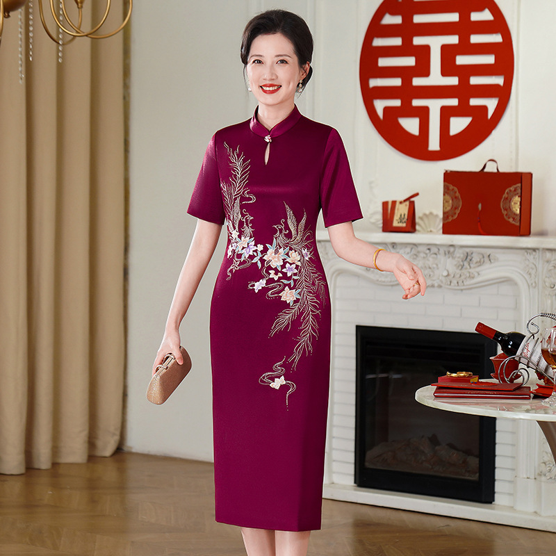 50338中国风婚宴长款气质显瘦高贵中式宴会优雅修身妈妈装礼服裙