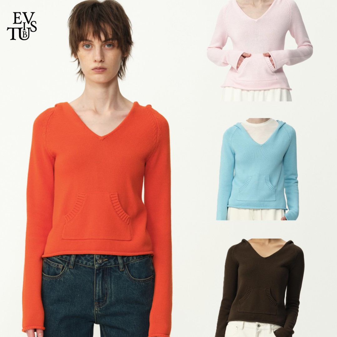 EVISTUB 四色100%有机棉纱自然卷边休闲V领连帽袋鼠毛衣女秋