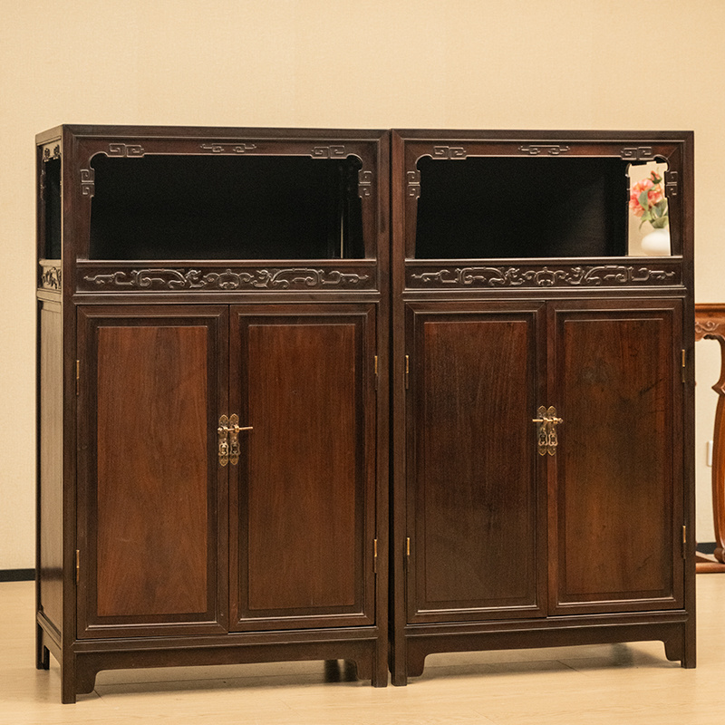 民国 红木螭龙纹亮格柜（一对） 古董家具