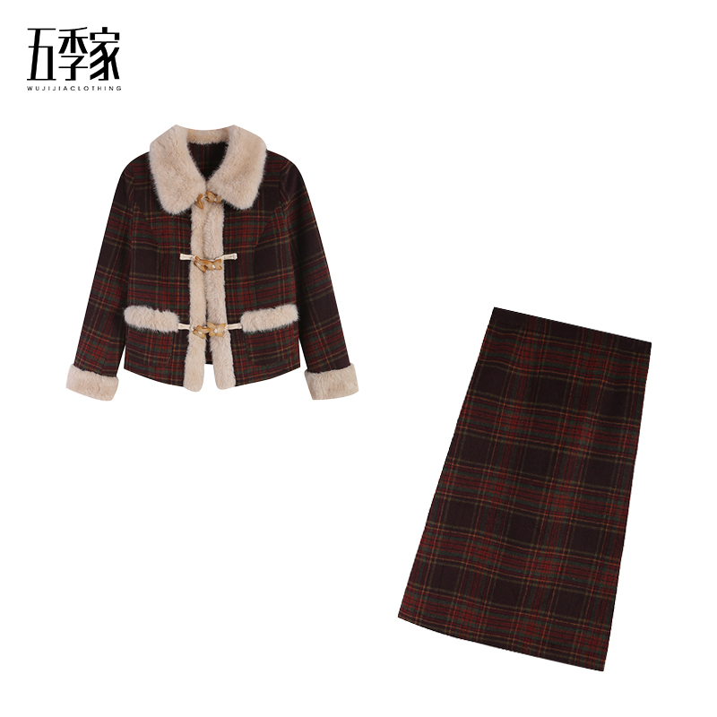 五季家/【暖冬栗子】显瘦格子上衣+格子加棉长半裙两件套ZL115311