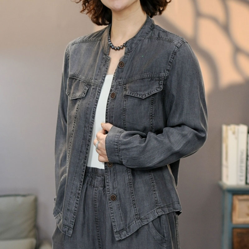 8715水墨灰2025新款莱赛尔牛仔衬衫女宽松显瘦休闲时尚透气上衣