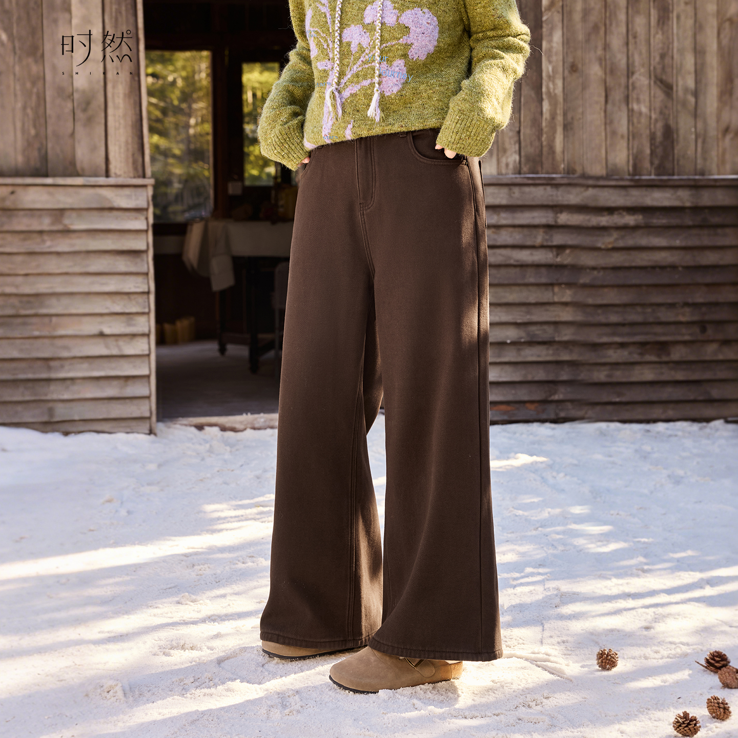 时然【暖棕厚语】微胖大码女装冬新款款韩系简约百搭显瘦加绒牛仔裤