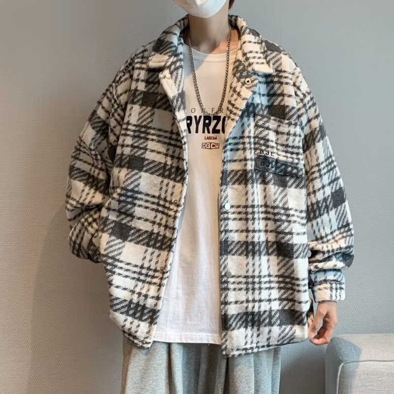 7708-BY秋冬季格子毛呢外套男女慵懒风上衣宽松ins休闲百搭夹克