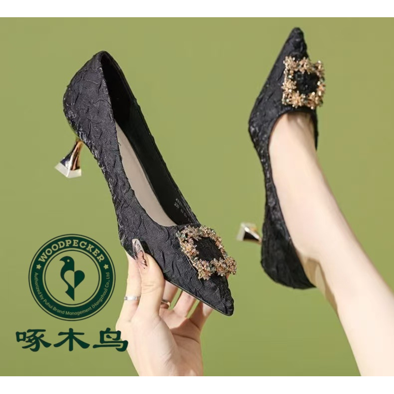 【啄木鸟】高跟鞋女春季新款水钻方扣尖头浅口晚风温柔单鞋5厘米
