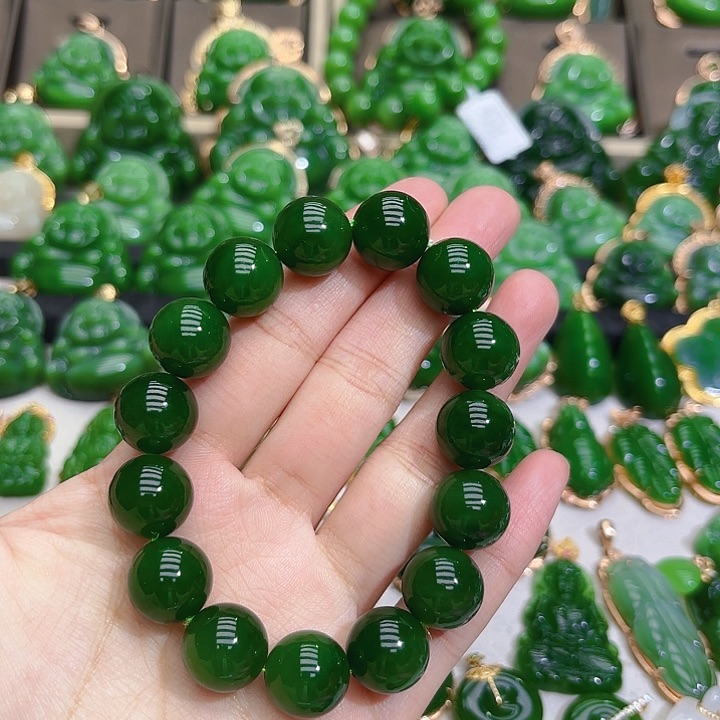 和田玉（碧玉）手串未镶嵌14m菠菜绿单圈