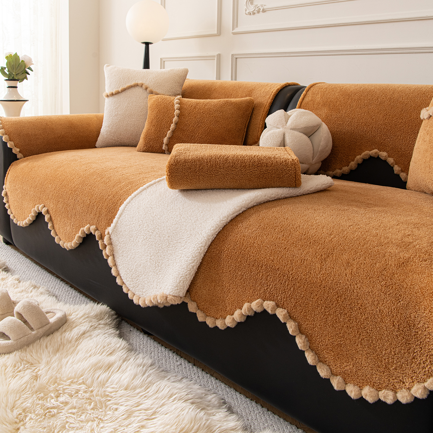 冬季2025新款羊羔绒沙发垫加厚毛绒固定防滑直排一片式坐垫