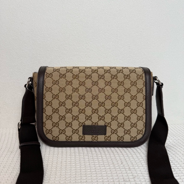 99新 GUCCI/古驰 5424/经典时尚棕老花帆布小号邮差包