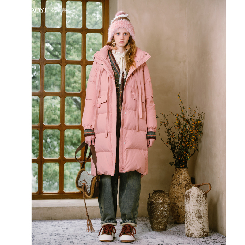 菀壹2025冬季新款系带连帽鸭绒外套女加厚羽绒服中长款Y10700451