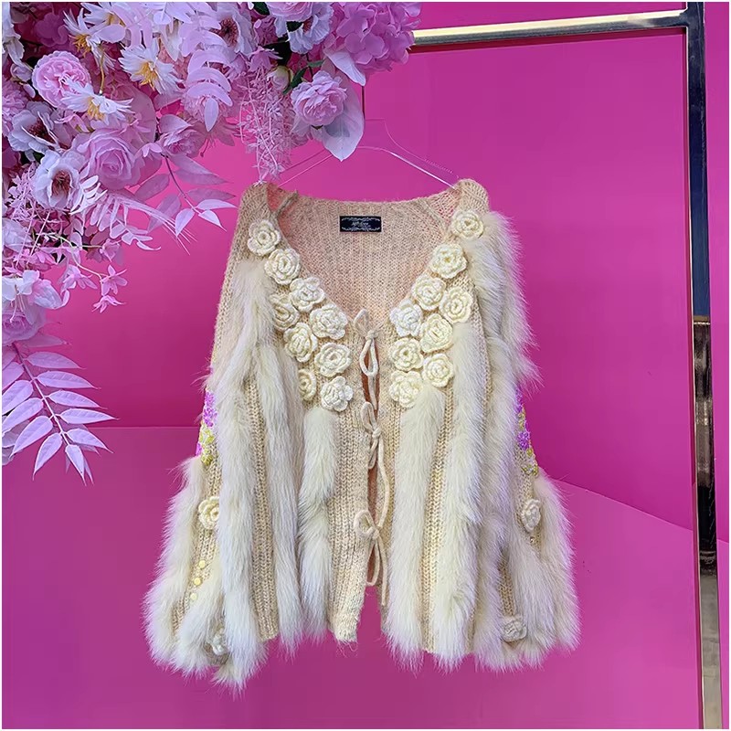 A5186欧美设计师2025冬季新款重工钉珠刺绣花朵时尚宽松毛衣开衫