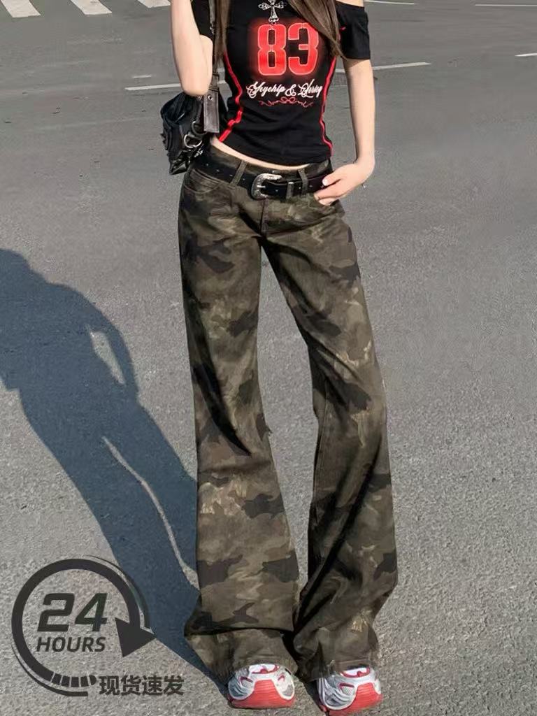 美式迷彩低腰牛仔裤2025秋季新款复古显瘦小众清冷系禅意衣服女