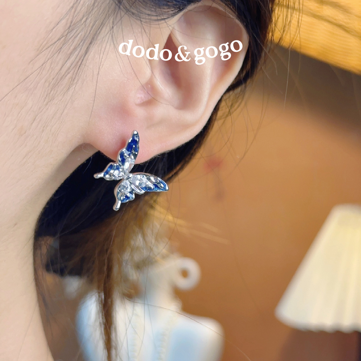 DODOGOGO 合金锆石耳饰 优雅滴油蓝色蝴蝶锆石法式素款ins耳钉