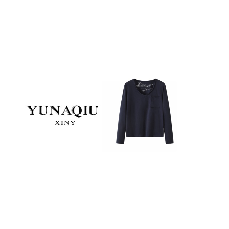 YUNAQIU-宽松口袋长袖春季百搭T恤常规中长款印花纯色-9613