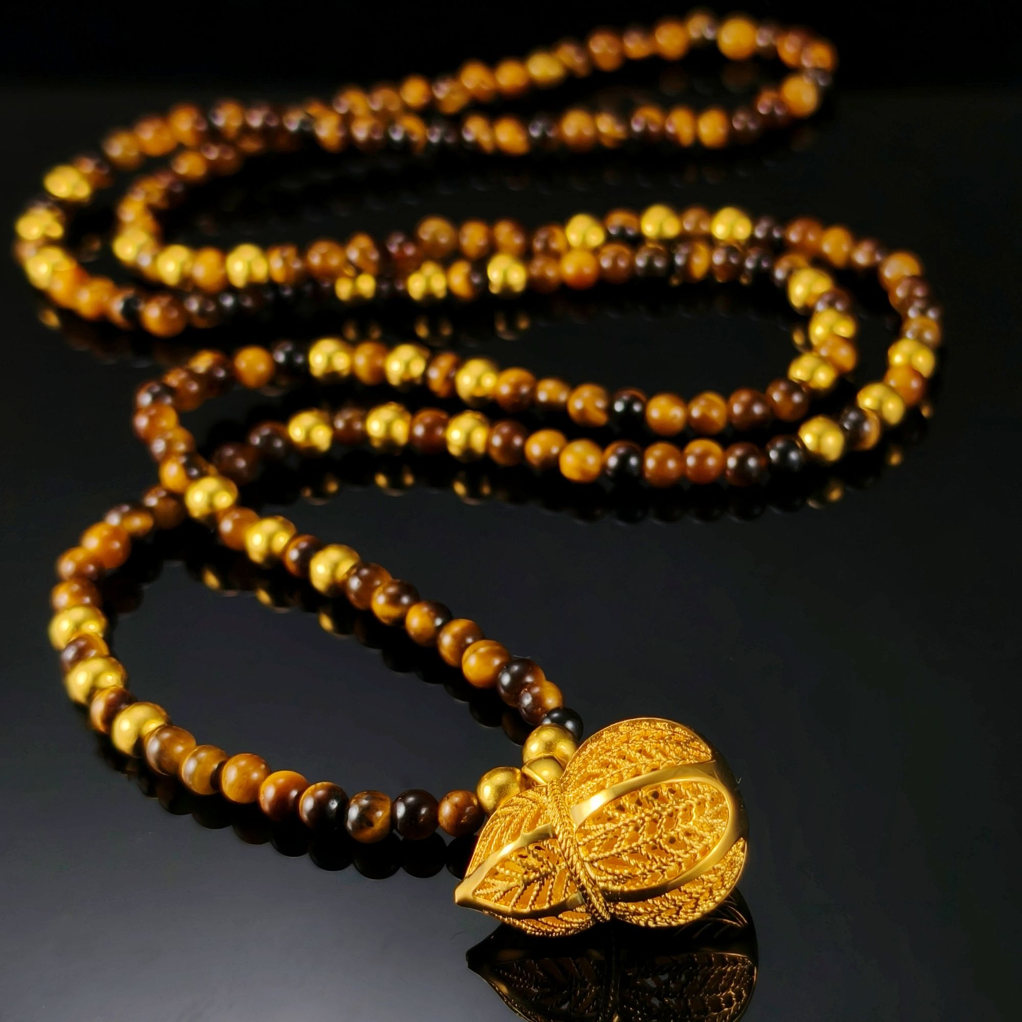 吊坠925银 名爵珠宝足银配虎眼石镶嵌金珠葫芦吊坠项链