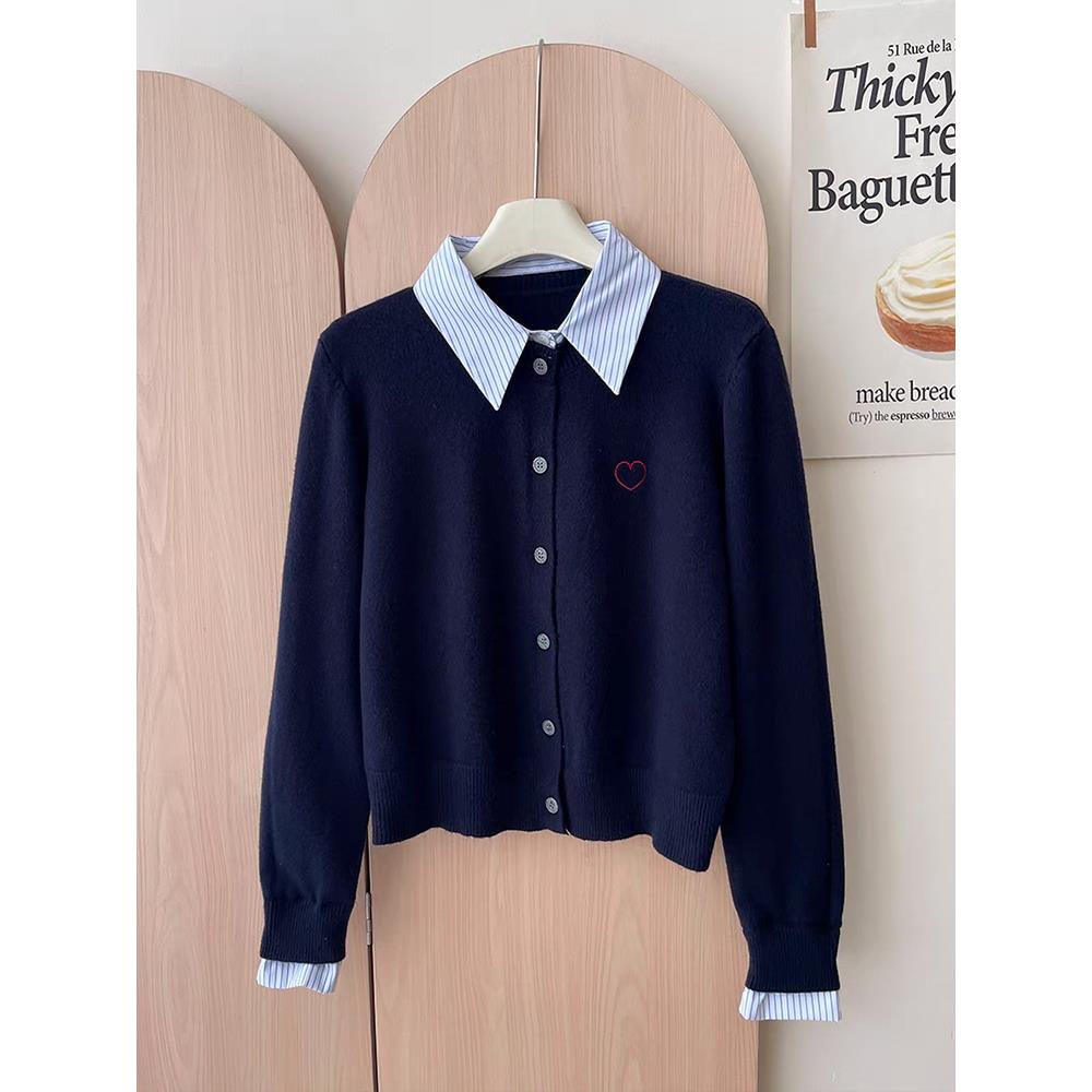 韩系学院风穿搭假两件开衫女春秋季洋气减龄条纹拼接针织衫