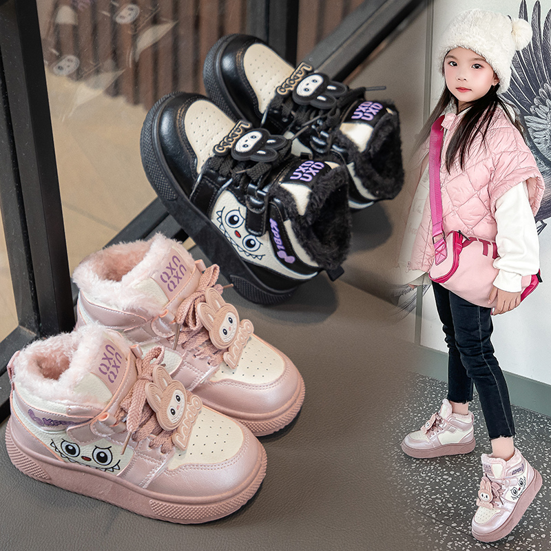拉布布女童加绒加厚休闲鞋冬季新款儿童高帮板鞋小女孩保暖运动鞋