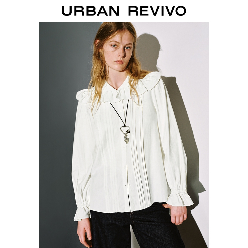 UR2026春季新款女装休闲娃娃领荷叶边棉质开襟衬衫UYL250169