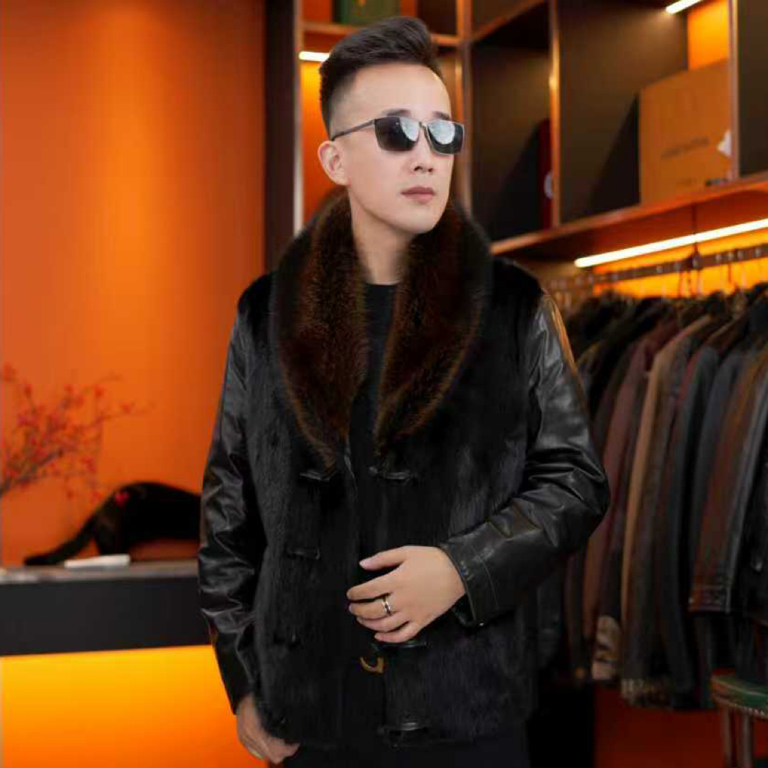 奢品级丹麦紫金母貂皮男装整貂赫本头层小山羊皮鹅绒外套