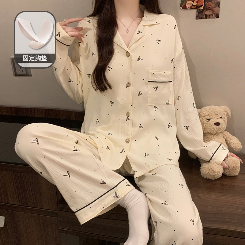 秋季爆款蝴蝶结懒散风上衣前短后长云朵棉单口袋设计家居服套装