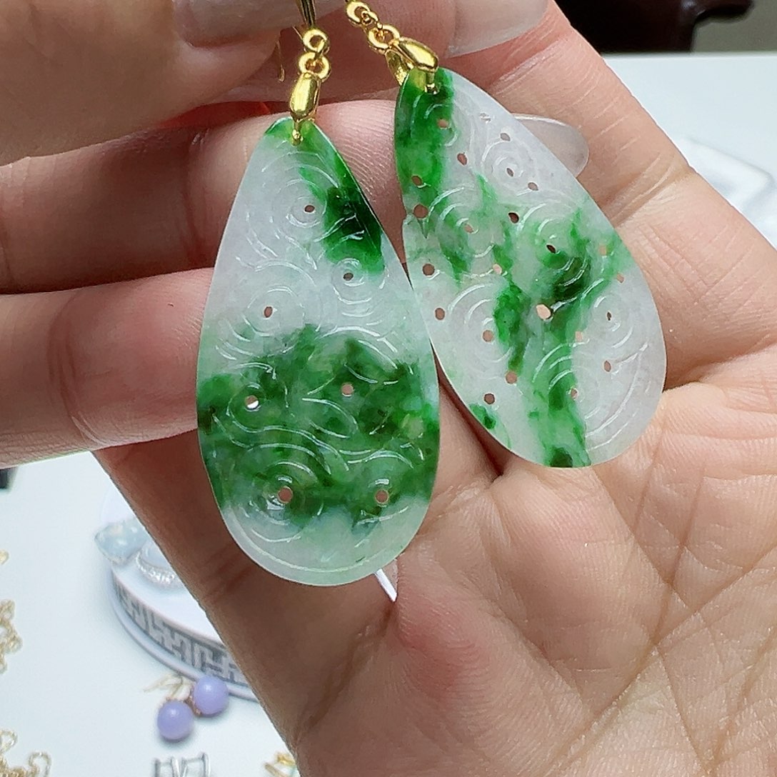 翡翠耳饰银S925镶嵌天然缅甸A货翡翠