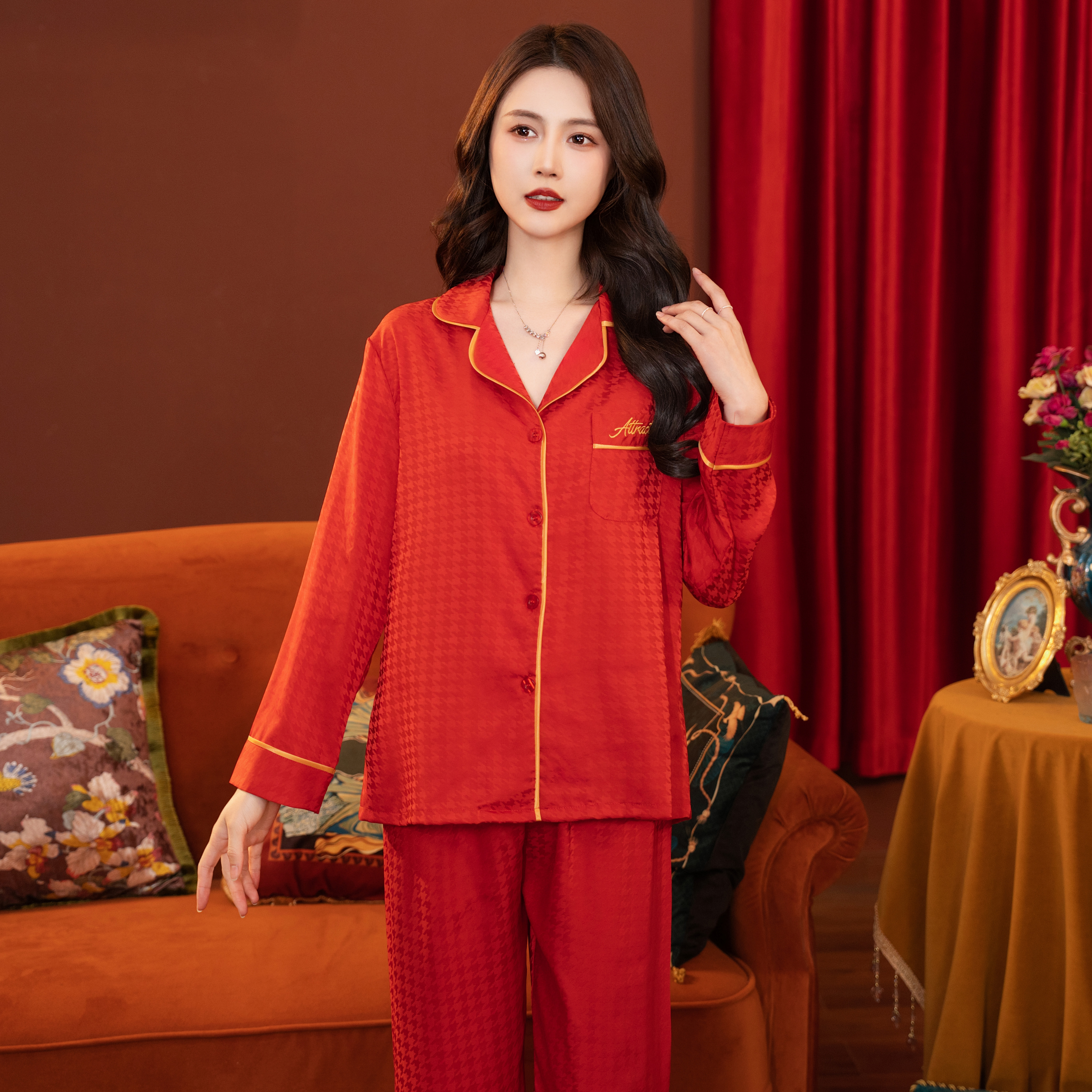 DAVINCIART达芬奇密码红色千鸟格情侣本命年结婚宽松睡衣家居服