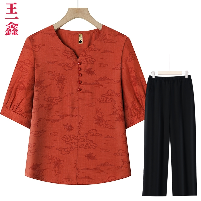 洋气妈妈夏装两件套民族风中老年女装大码中式衬衫T恤衫+裤子套装