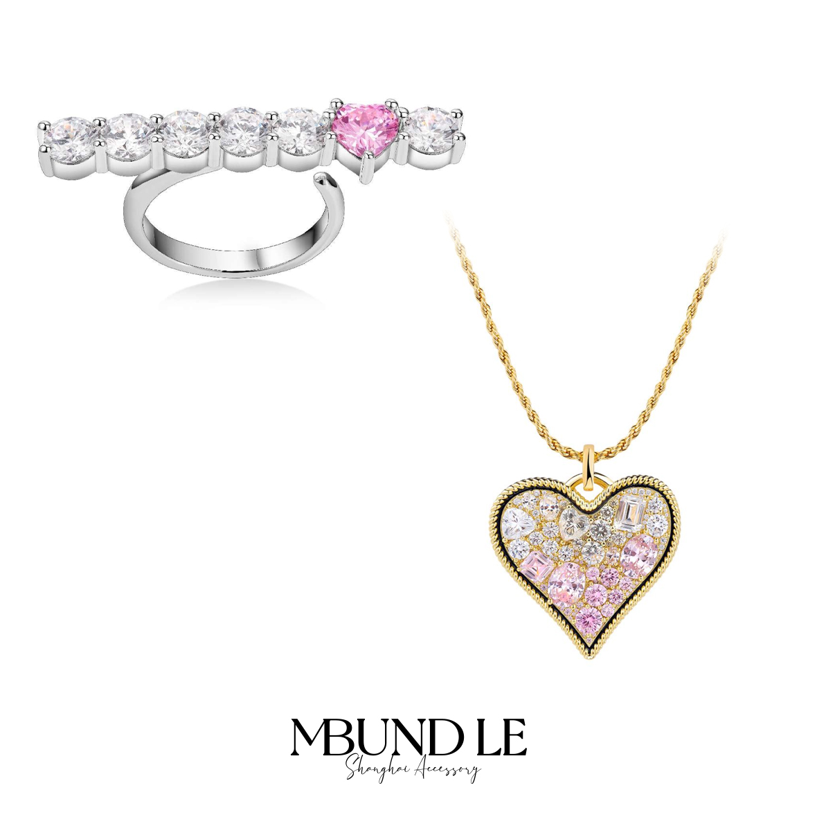 铜合金合成锆石戒指 心跳戒指组合和项链组合