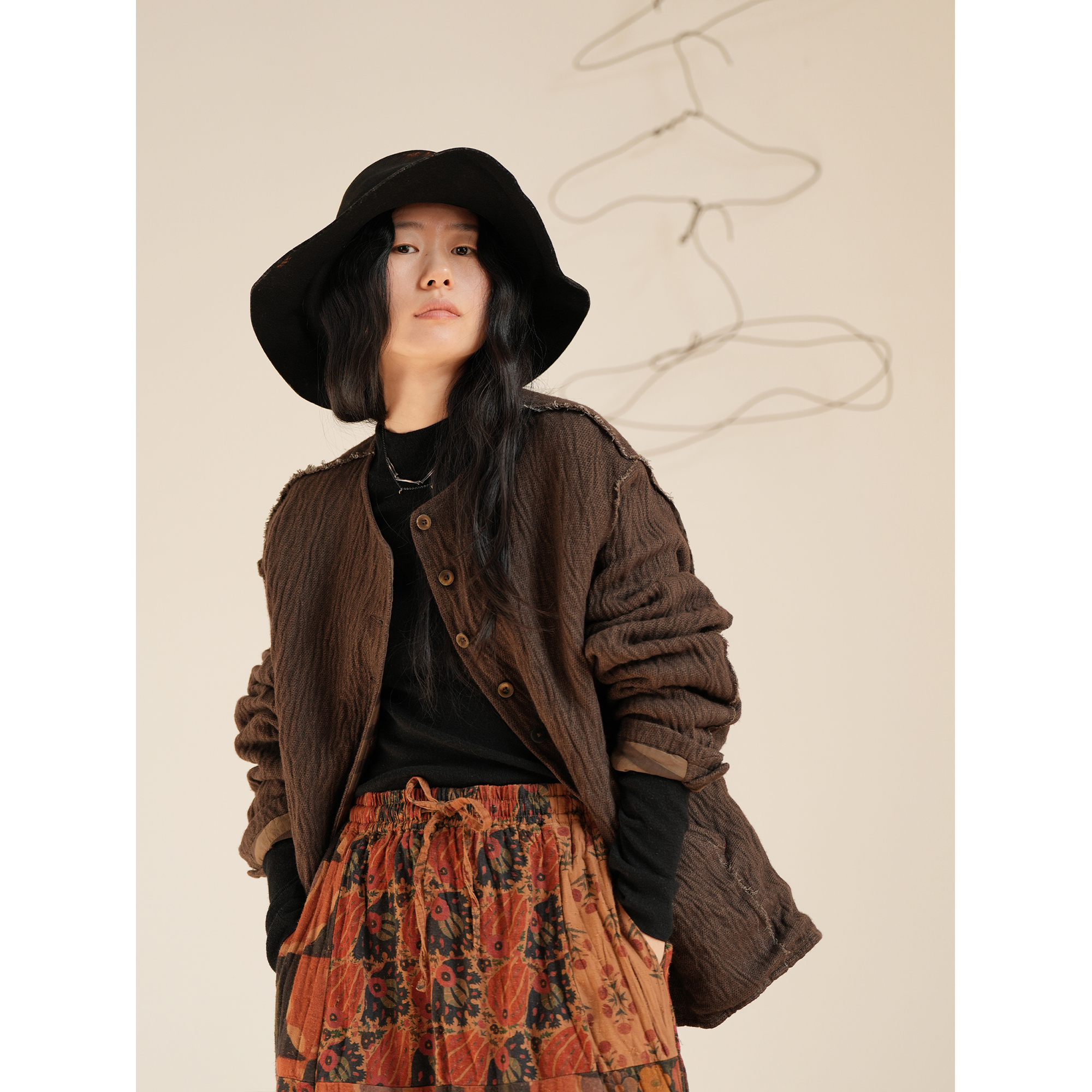 几见 原创设计秋季亚麻外套上衣拼接毛边复古风做旧慵懒感WT3707