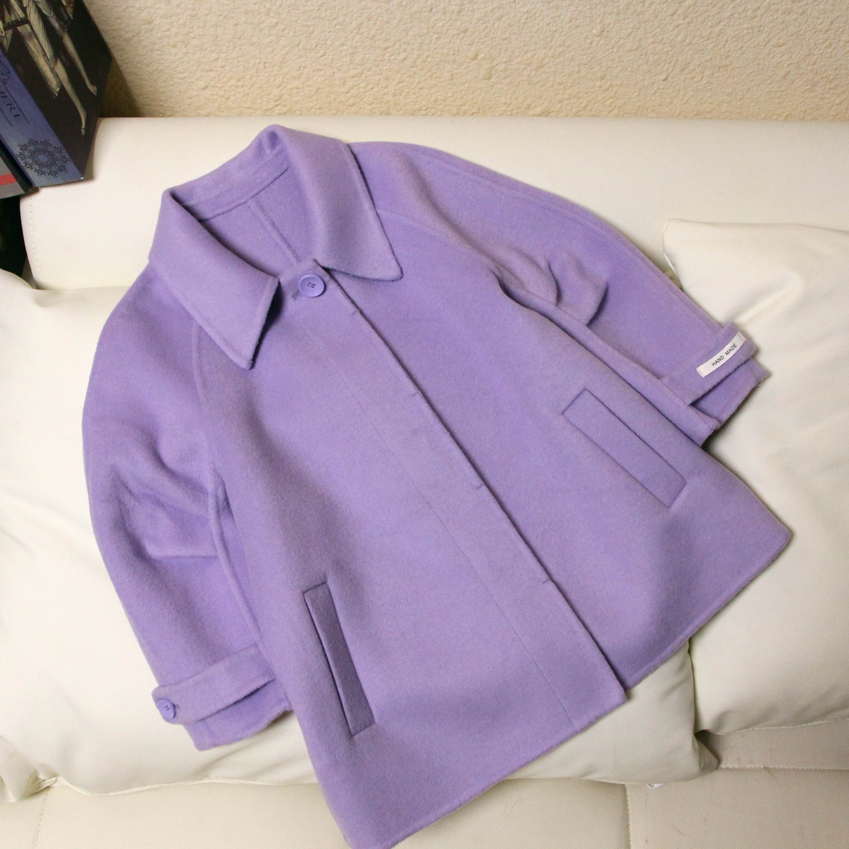 小方领双门襟袖子捏裥韩版童装绵羊毛大衣紫色