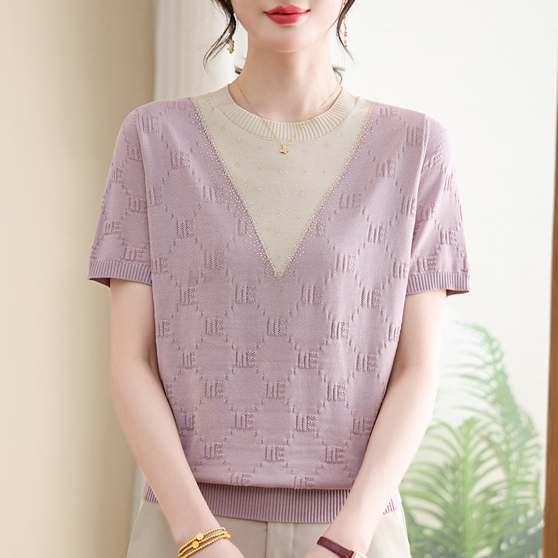 时尚夏新款妈妈装短袖T恤中老年人针织女装上衣服洋气针织小衬衫