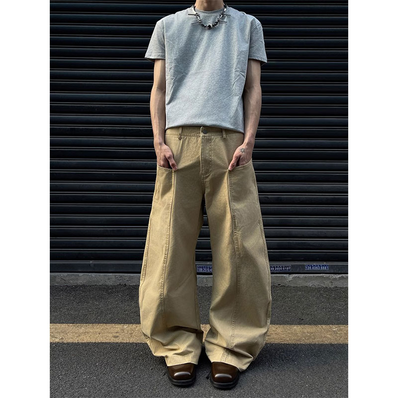 卡其色弯刀工装牛仔裤男款夏季高级感解构拼接裤子情侣百搭直筒裤