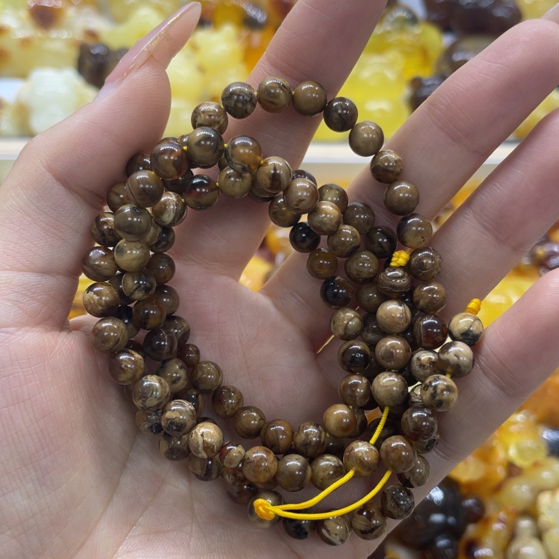 琥珀裸石未镶嵌根珀108珠链5+m m