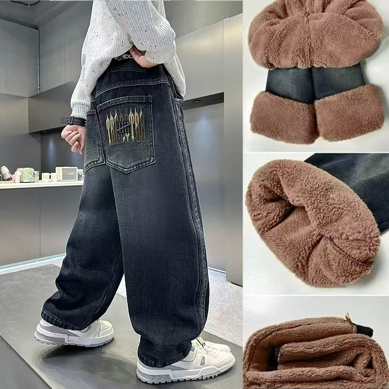 男童加绒加厚牛仔裤冬款一体绒特厚保暖抗寒柔软宽松儿童休闲裤子