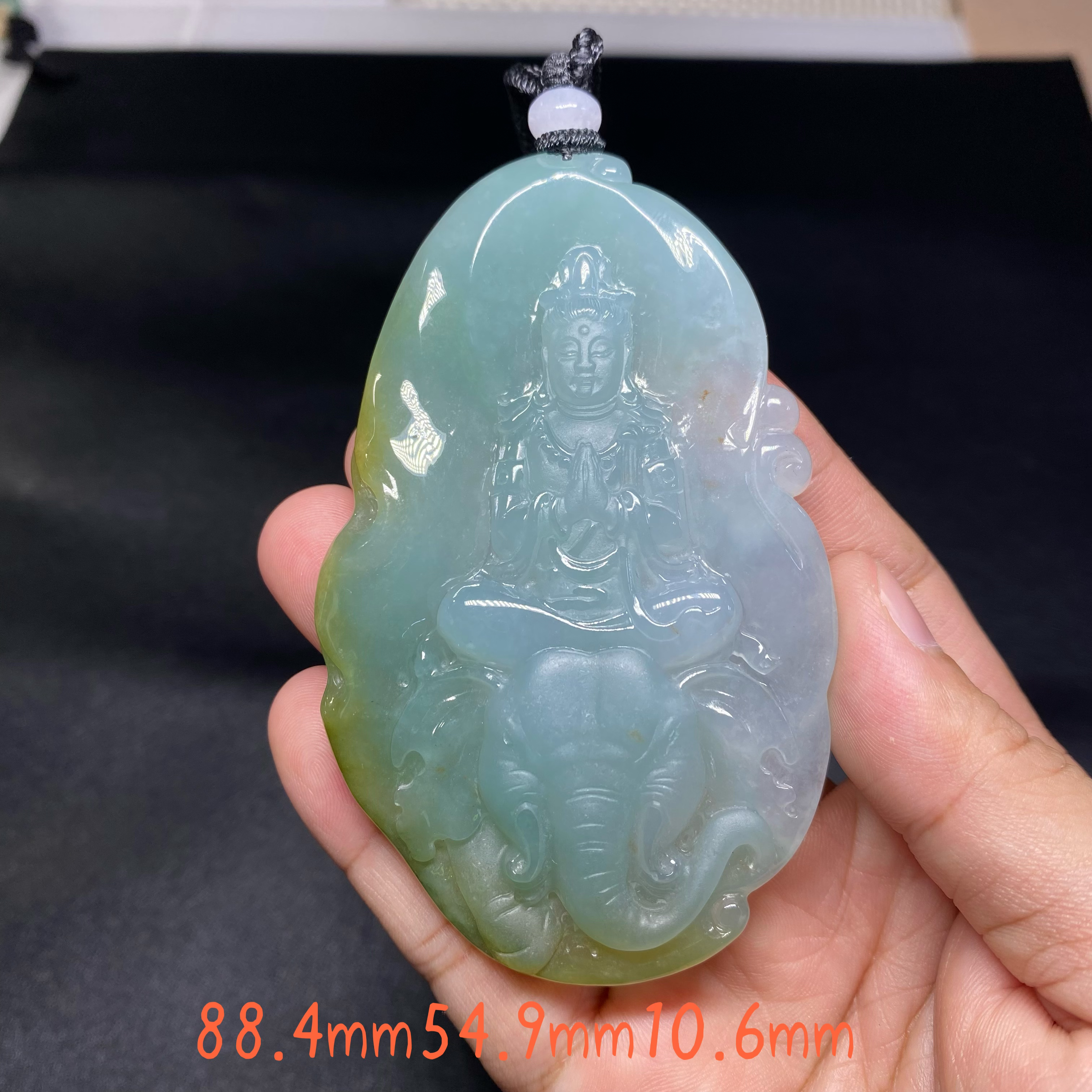 缅甸翡翠A货冰胶飘黄半山水普贤菩萨挂件