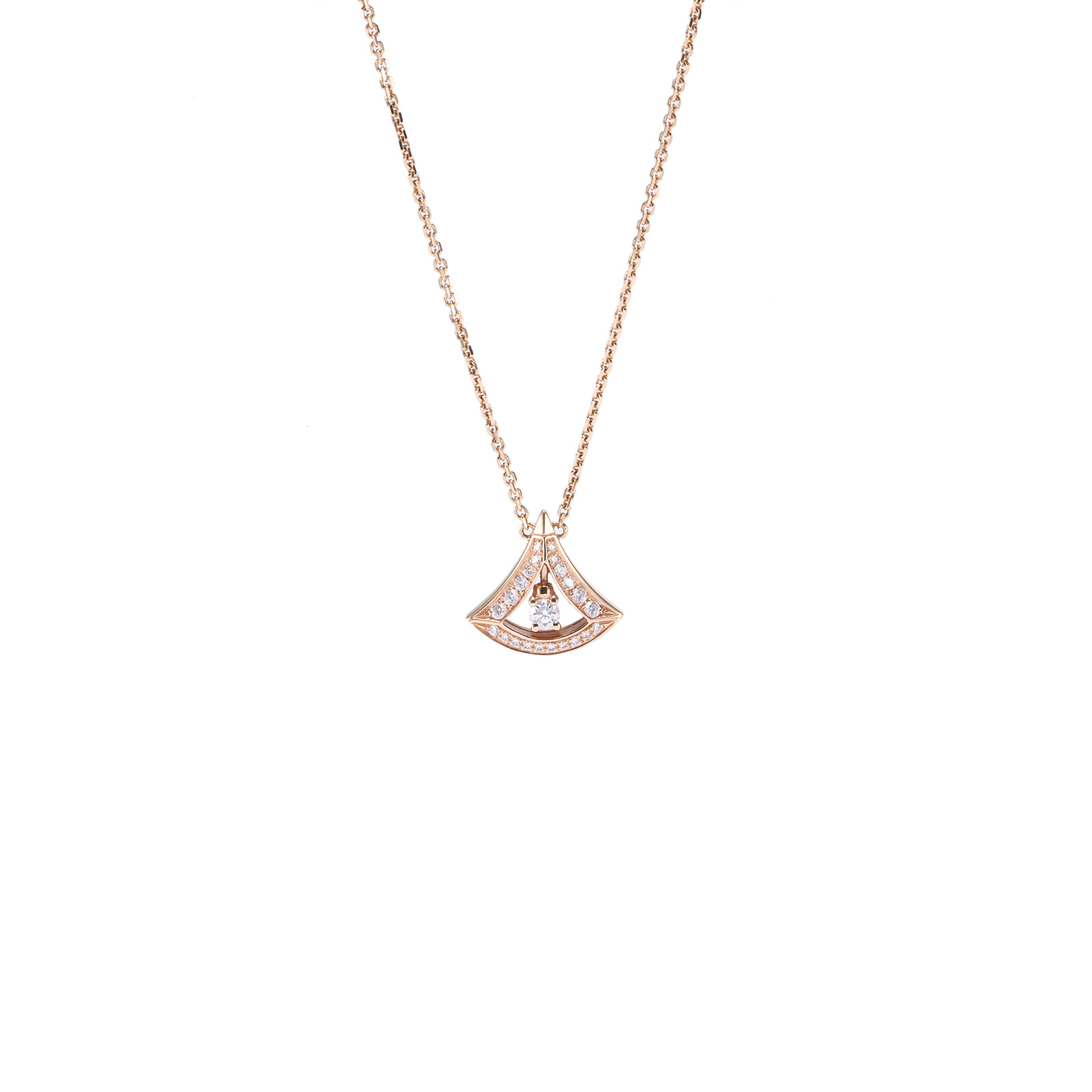 99新 BVLGARI/宝格丽 小花柳 镂空满钻扇子项链 中间有钻 玫瑰金