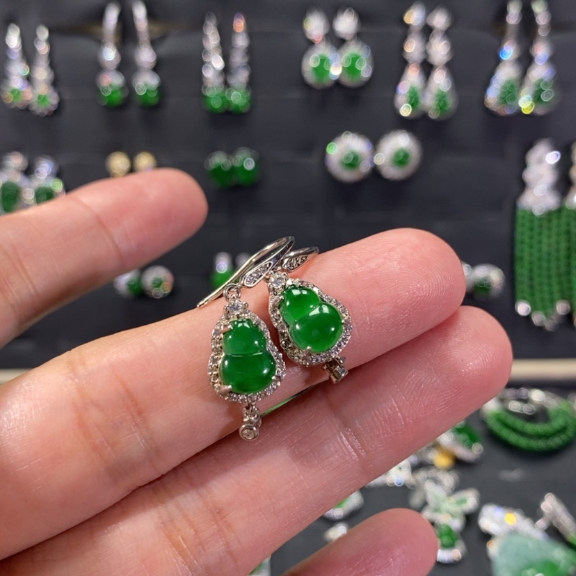 【闪购商品】翡翠耳饰银S925镀金镶嵌