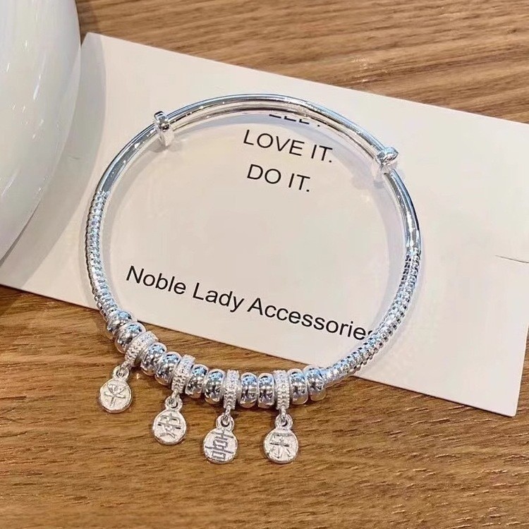 足银手镯 L37足银999.9平安喜乐吊坠推拉手镯民族风个性纯银镯子