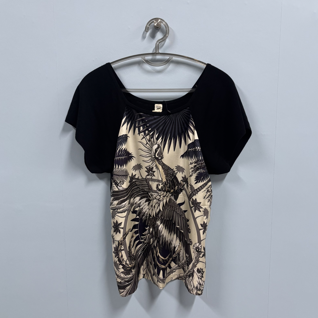 99新 Hermes/爱马仕 真丝印花拼接短袖上衣/38码/L52601 99新