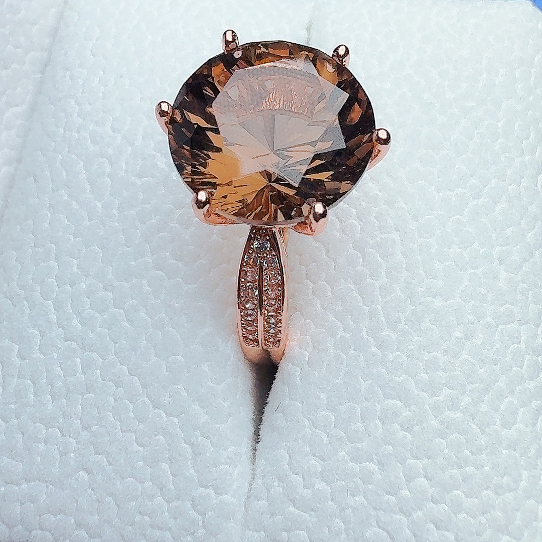 天然精品S925银茶水晶圆形戒指主石12尺寸