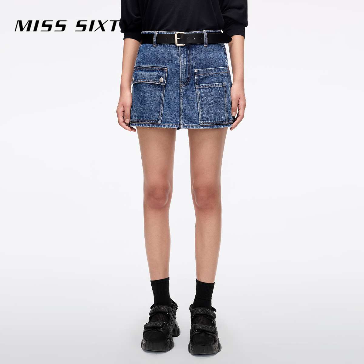 Miss Sixty2025夏季新款牛仔短裤女配腰带工装多口袋高腰磨白裙裤