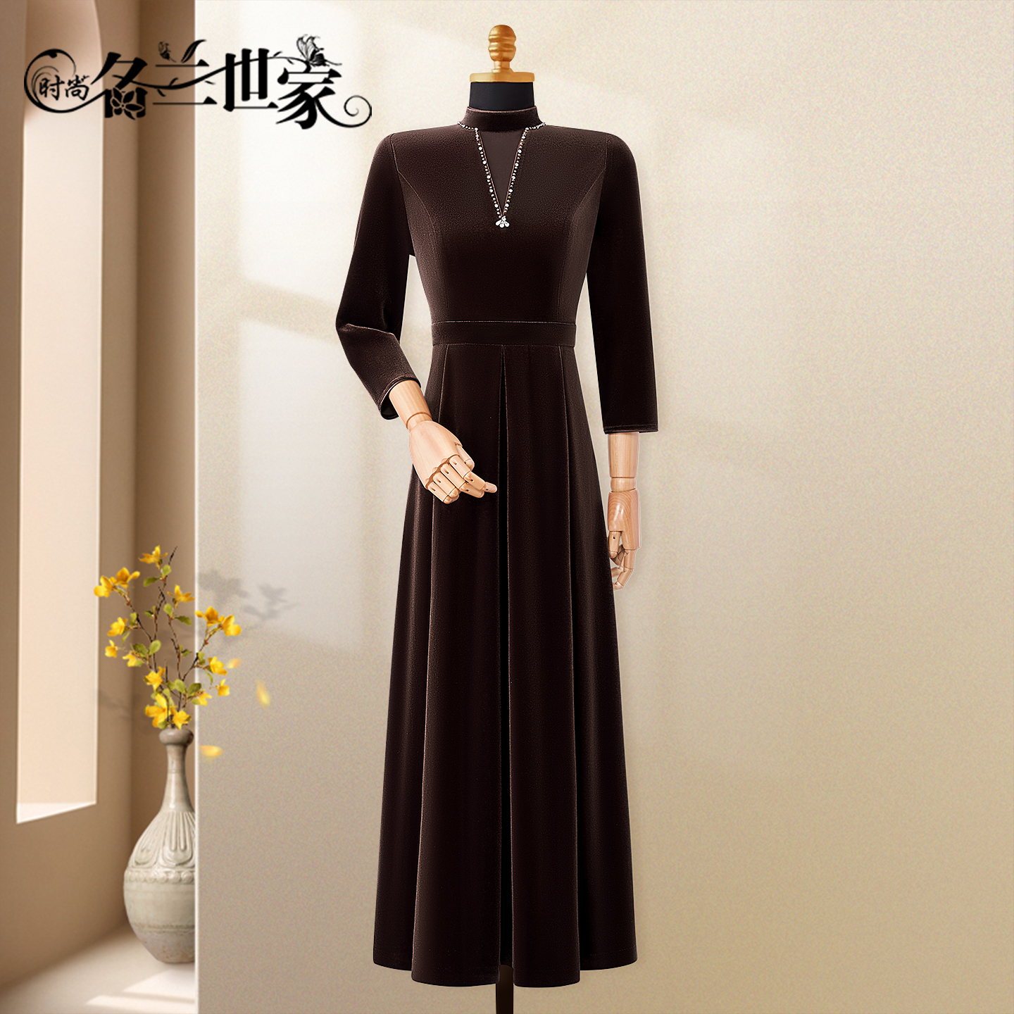 『云纹缃』名兰世家复古长袖礼服婚宴敬酒服修身气质裙MQZ01D10092