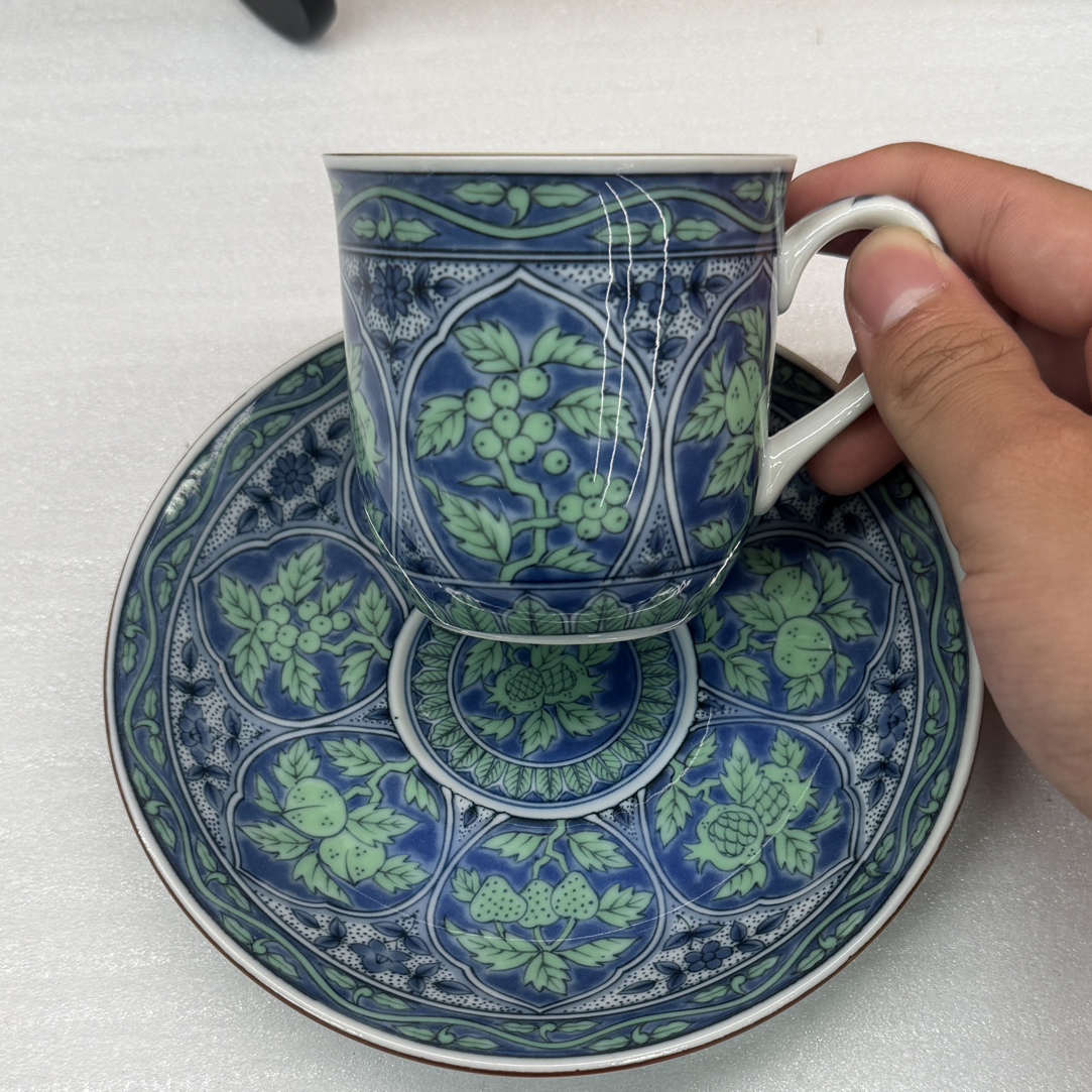 日式青华绿彩咖啡杯茶杯复古陶瓷摩卡杯高7口径7
