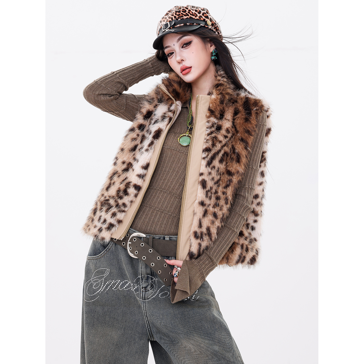 ABWLR琥珀流光-原创复古豹纹立领毛绒马甲女拉链无袖外套时髦皮草
