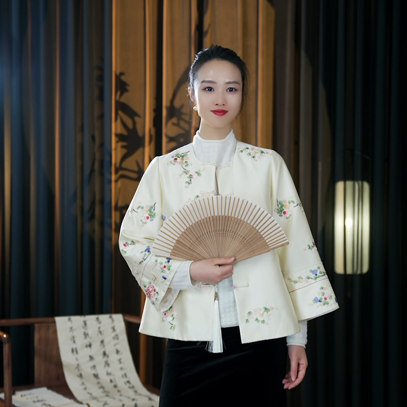 山水晏真丝羊毛百搭气质上衣中式复古女士新中式Q8122-花喜