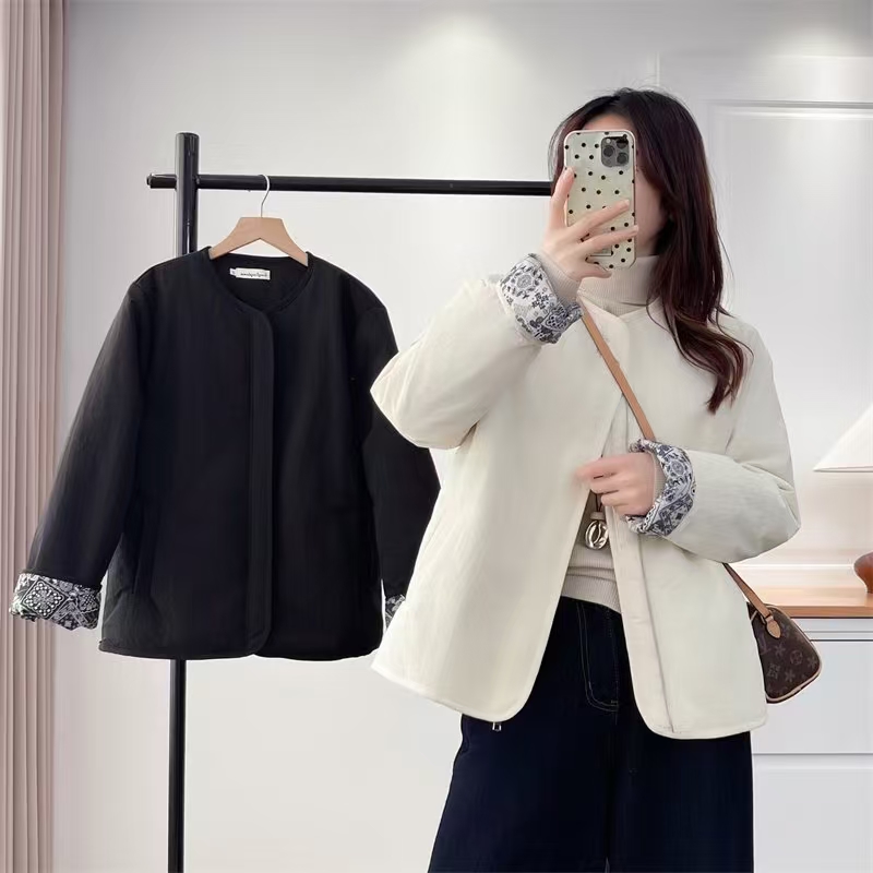 2025冬季新款高级复古感圆领棉服百搭腰果花拼接休闲棉衣短款外套